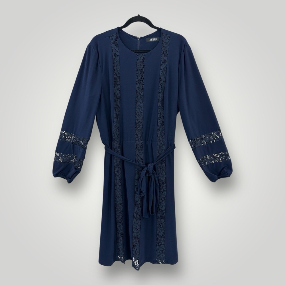 Lauren Ralph Lauren Black Label Navy Lace Dress w Belt Woman's Sz 18 Long Sleeve